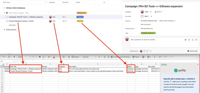 Asana Excel synced task to rows