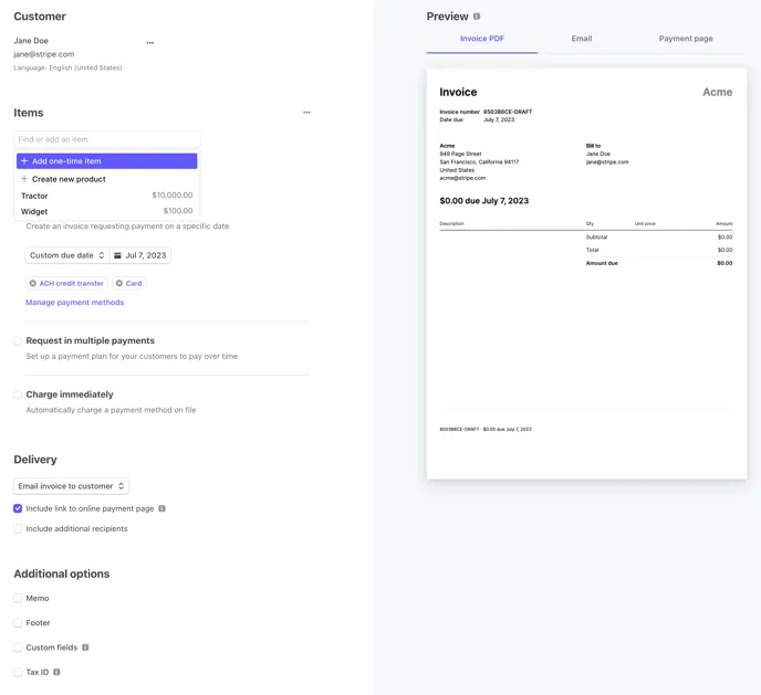 stripe invoice and customer