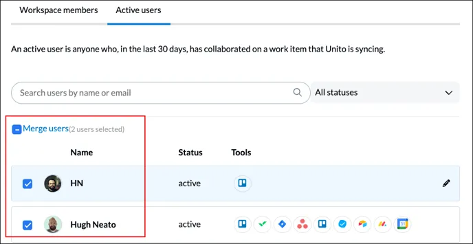 A screenshot of the Unito dashboard merging users
