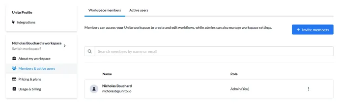 Workspace members screen