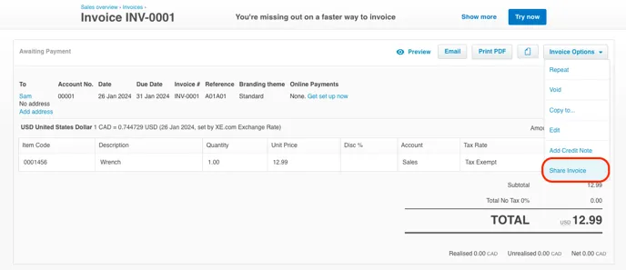 Xero Invoice
